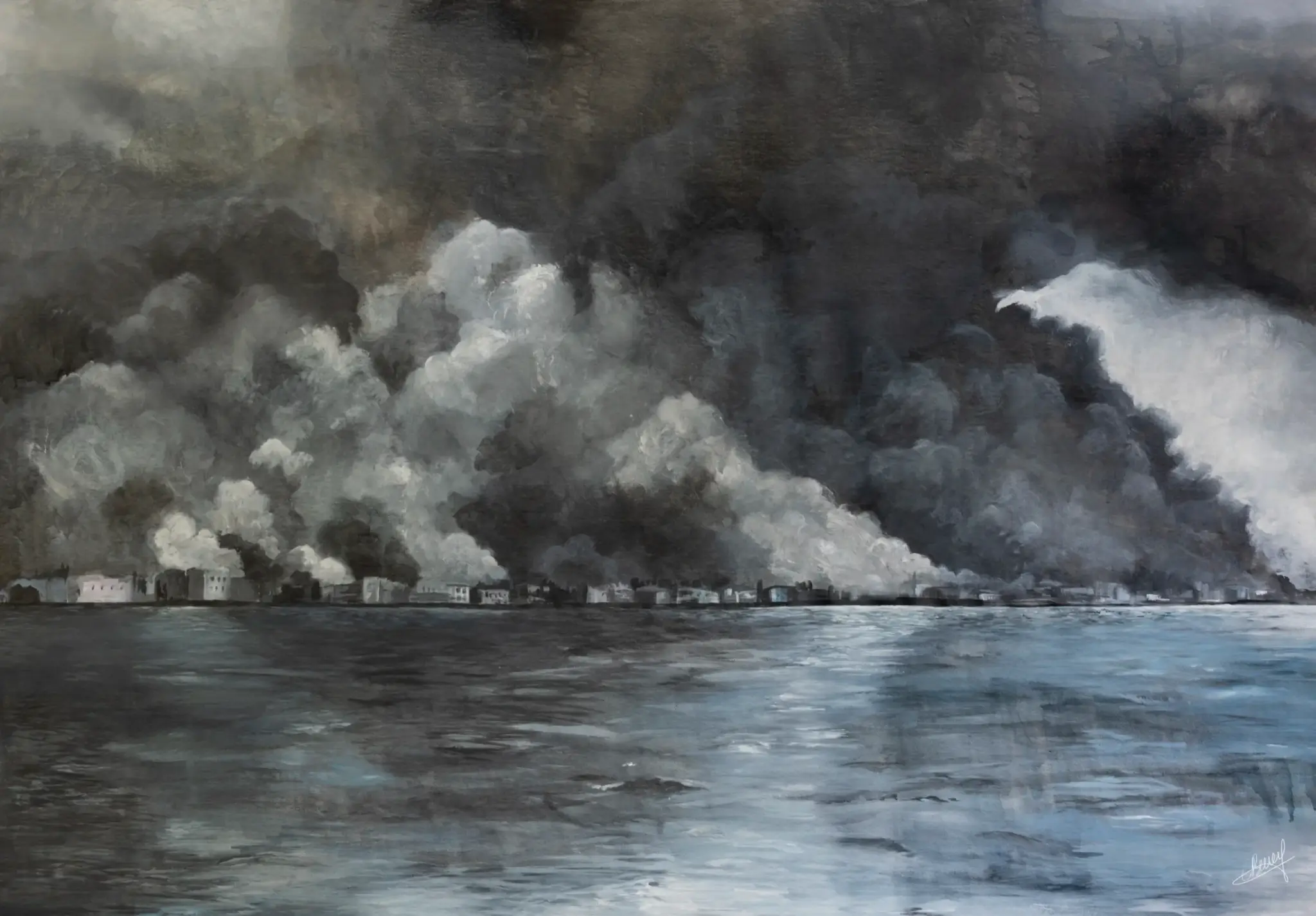 "Incendie de Smyrne 1", acrylique sur toile, 2022, 124 x 80 cm - © Gayanée Béreyziat