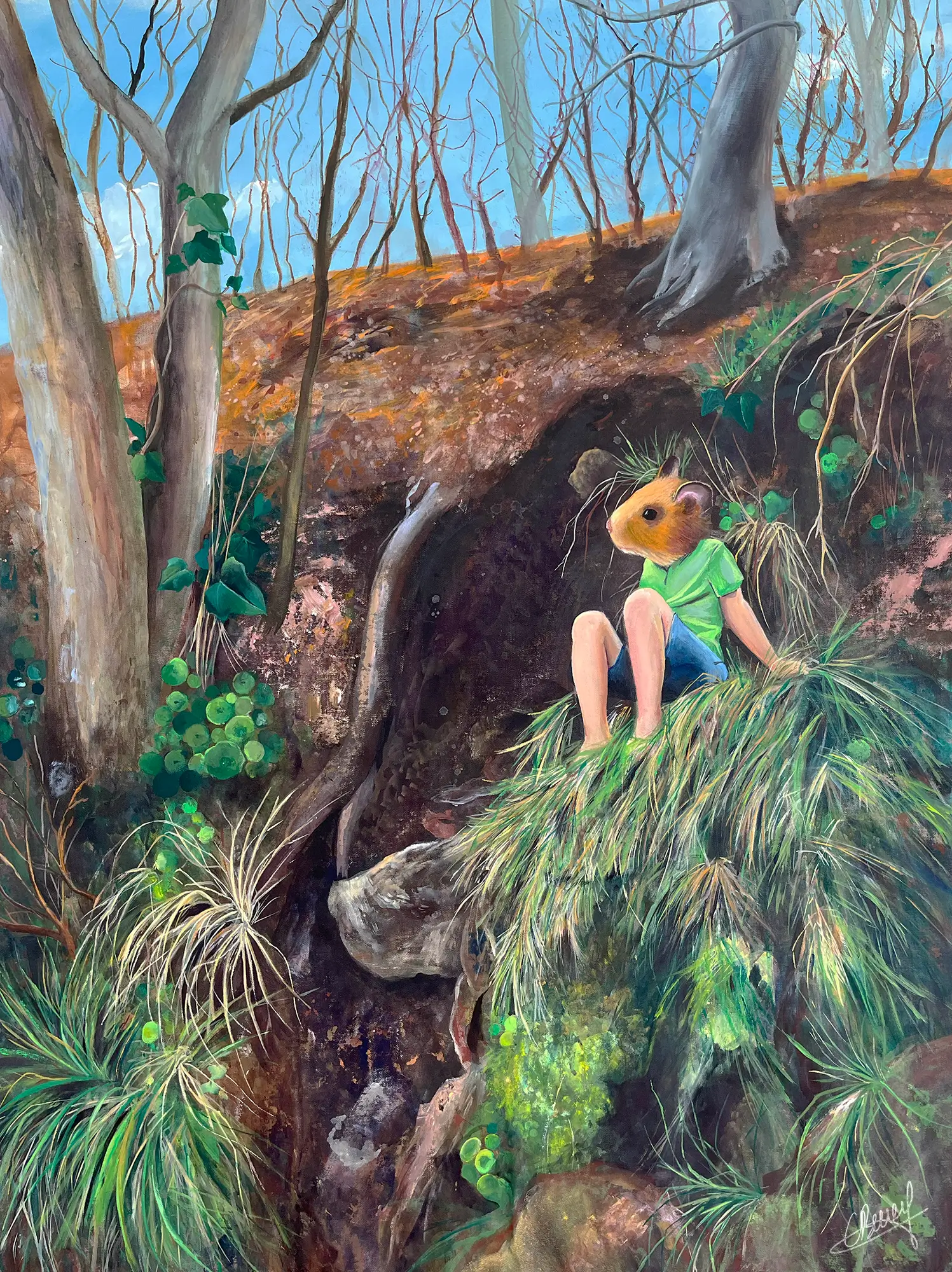 "L'enfant et les racines" - acrylique sur toile - 2025, 88 x 122 cm - © Gayanée Béreyziat